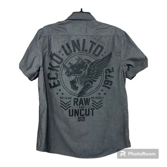 Ecko Unlimited Y2K Men Short Sleeve Button Front Shirt Sz M Gray Graphic Back‎ - Picture 7 of 10